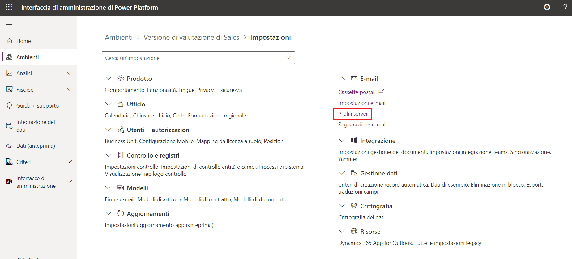 Screenshot che mostra l'impostazione Profili server nelle impostazioni dell'ambiente.