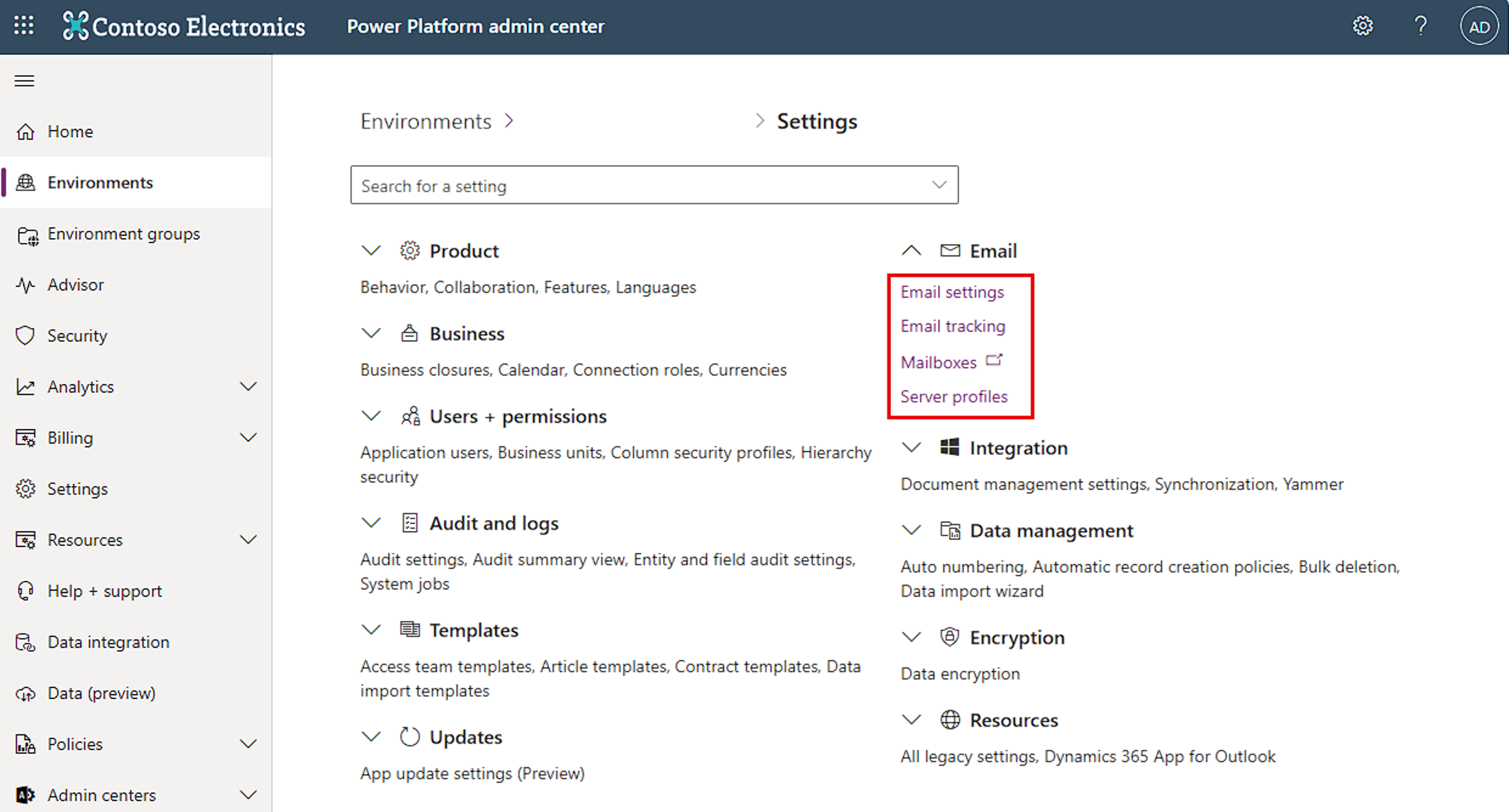 Screenshot della sezione E-mail della pagina Impostazioni nell'interfaccia di amministrazione.
