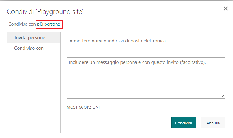 Screenshot che mostra come visualizzare le autorizzazioni selezionando Molte persone per l'opzione Condividi di SharePoint.
