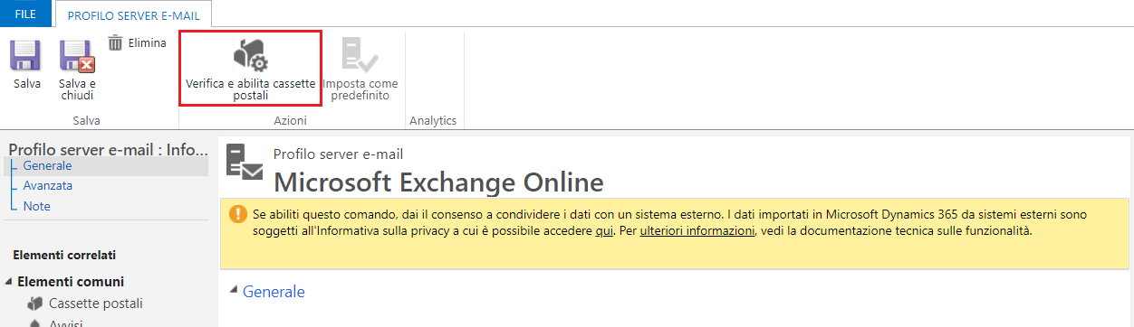 Screenshot del pulsante Verifica e abilita cassette postali nella parte superiore della schermata di configurazione.