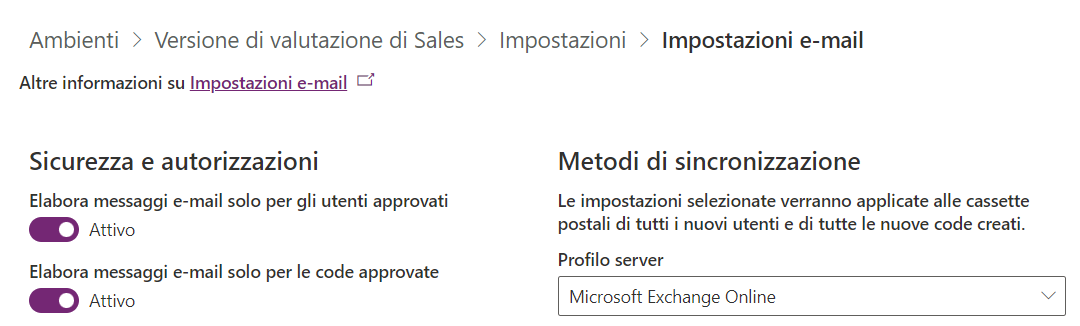 Screenshot della pagina Impostazioni e-mail che mostra gli interruttori di Sicurezza e autorizzazioni.
