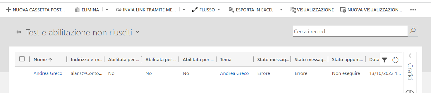 Screenshot della vista Test e abilitazione non riusciti che mostra le cassette postali con errore.
