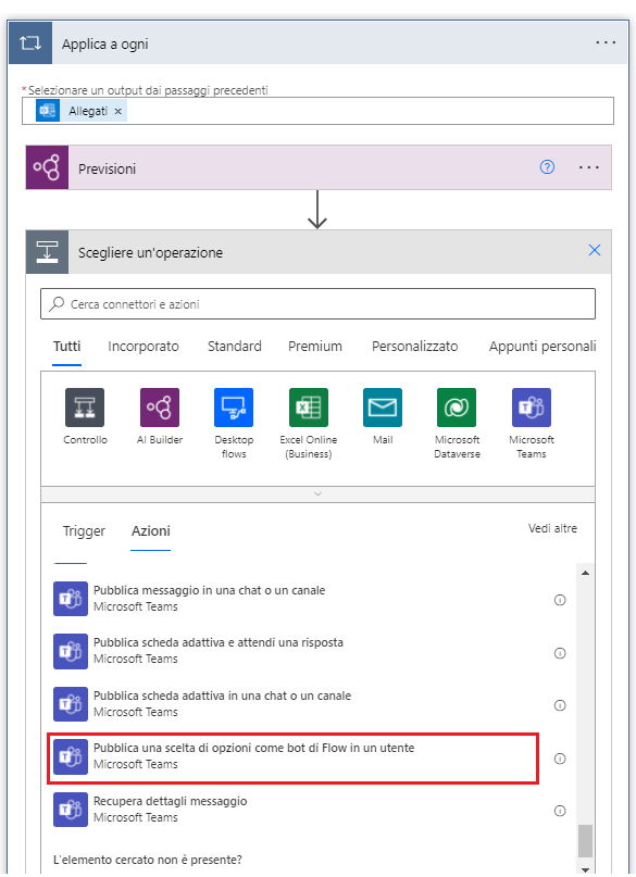 Screenshot dell'azione Applica a ogni e dell'opzione Scegliere un'operazione, che mostra una ricerca per la pubblicazione di una scelta di opzioni.