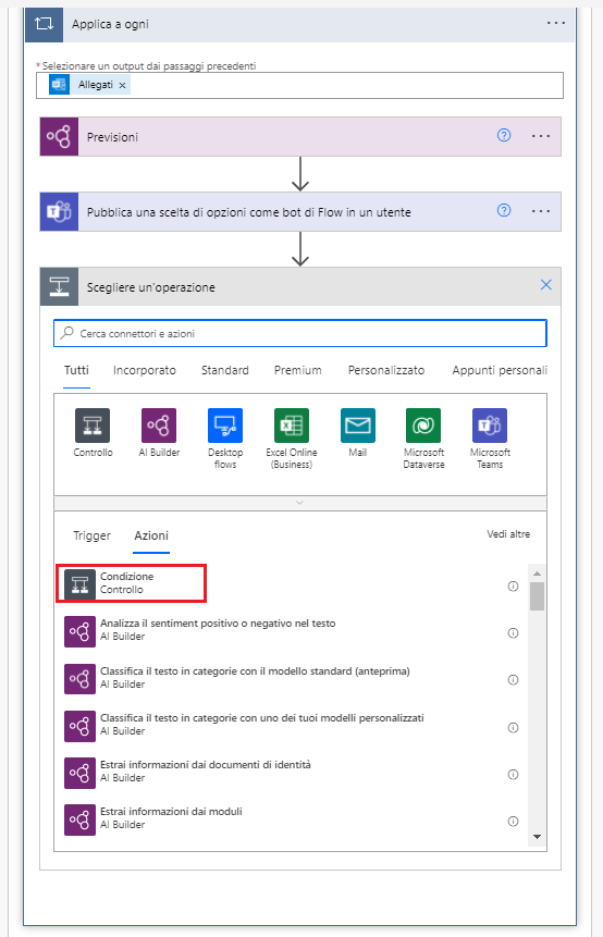 Screenshot della finestra di dialogo Scegliere un'operazione che mostra la scheda Azioni con l'opzione Condizione evidenziata.
