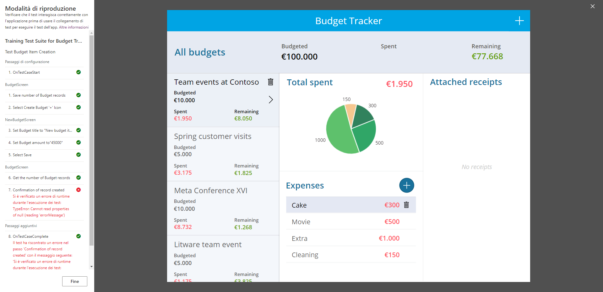 Screenshot dell'app canvas per l'analisi del budget in modalità di esecuzione di test.