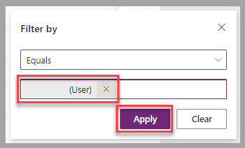 Screenshot del menu a comparsa Filtra per. Sono evidenziati l'utente selezionato e l'opzione Applica.