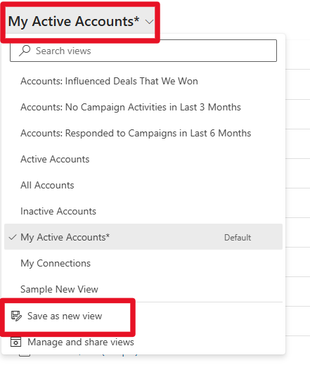 Screenshot parziale di un'app basata su modello. Sono evidenziati il nome della vista corrente e l'opzione Salva come nuova vista.