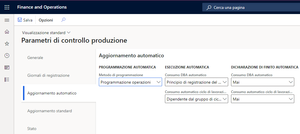 Screenshot della pagina Parametri di controllo produzione che evidenzia Consumo DBA automatico.