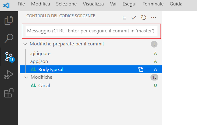 Screenshot dell'area in cui viene aggiunto un messaggio di commit nel riquadro SCM.