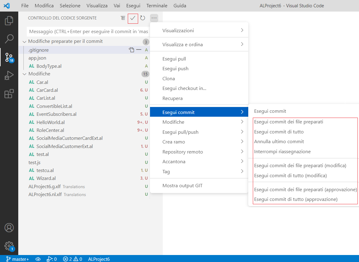 Screenshot della sezione Conferma modifiche in Visual Studio Code.