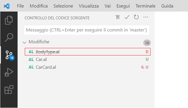Screenshot di un file eliminato contrassegnato con D nella directory di lavoro.