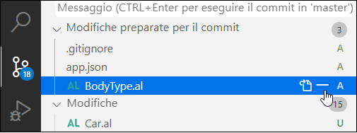Screenshot della funzionalità - per rimuovere un file preparato per il commit dall'area di gestione temporanea o per ripristinarlo.
