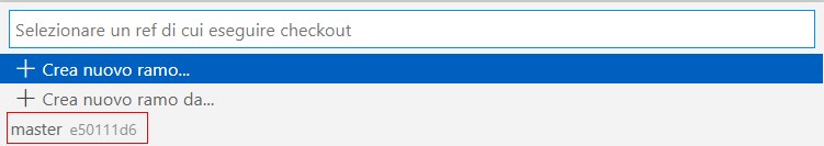 Screenshot dell'ID commit nel nome del ramo.