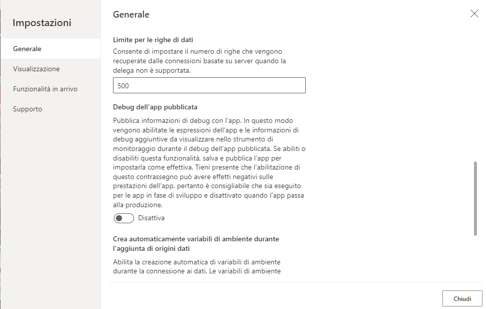 Screenshot di Impostazioni avanzate in Impostazioni di Power Apps con il limite per le righe di dati impostato.