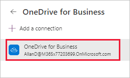 Screenshot dell'aggiunta di una connessione a OneDrive for Business con la connessione dell'utente evidenziata.