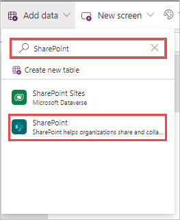 Screenshot del pulsante Aggiungi dati con SharePoint immesso nel campo di ricerca e SharePoint evidenziato.