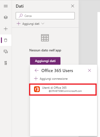 Screenshot della finestra Aggiungi dati con la voce Utenti di Office 365 selezionata.