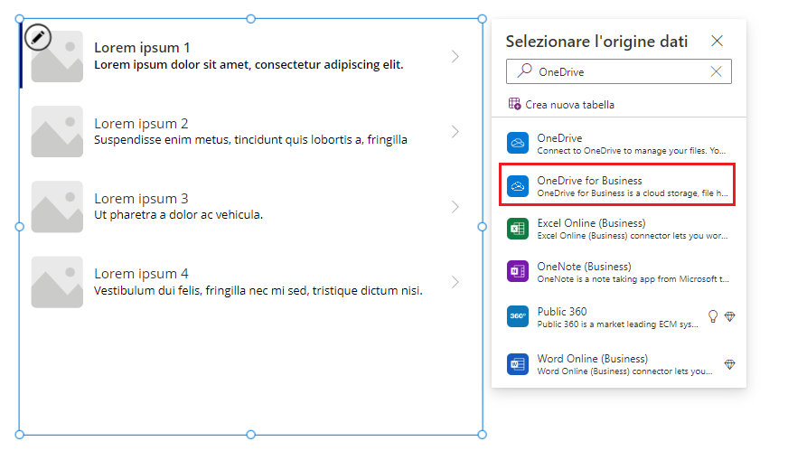 Screenshot dell'aggiunta di un'origine dati OneDrive a una raccolta.