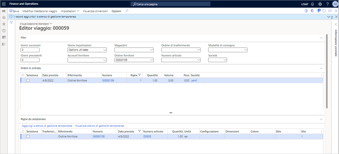 Screenshot della pagina Editor viaggio.