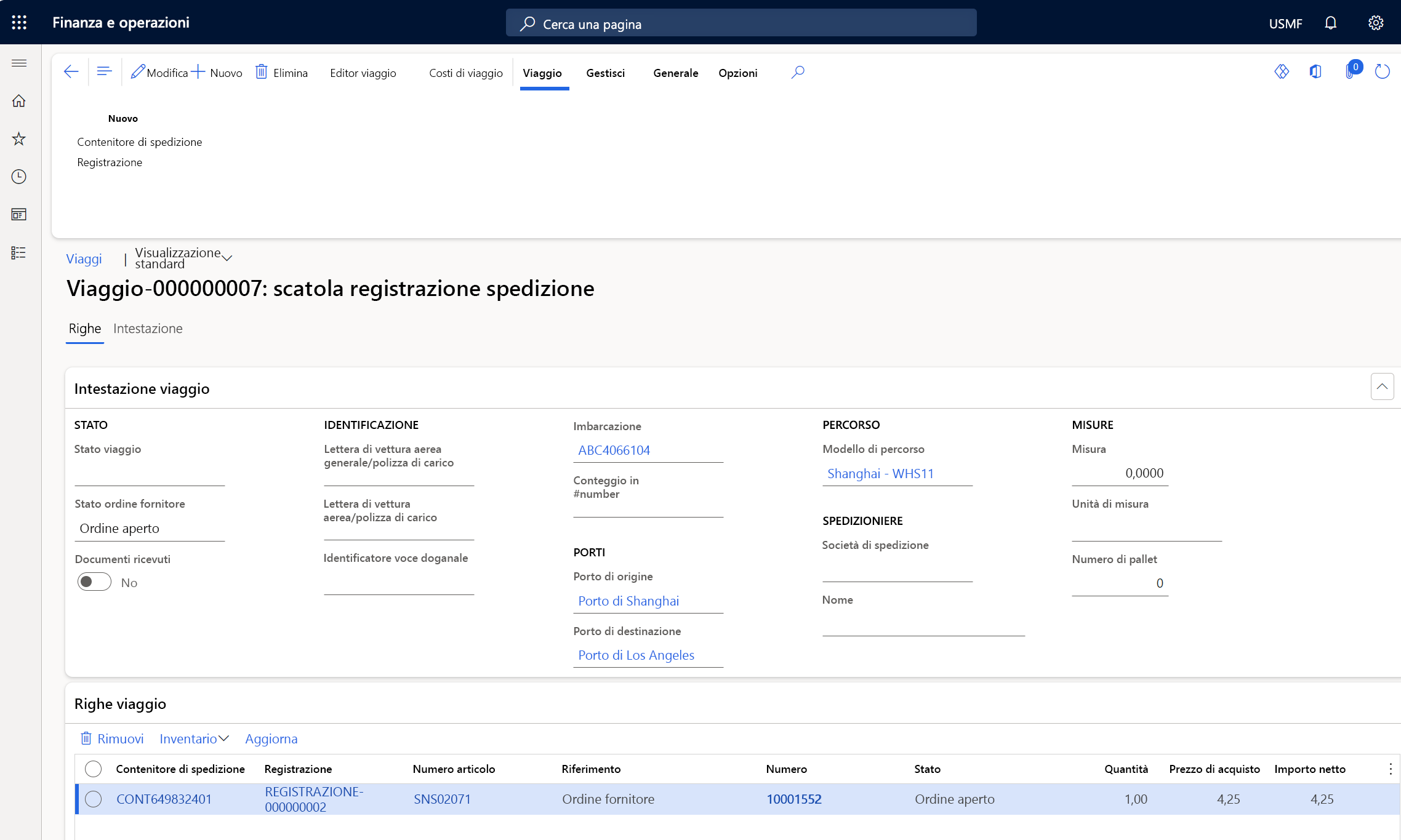 Screenshot dei dettagli del viaggio.