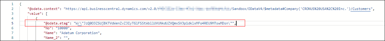 Screenshot di esempio di etag OData.