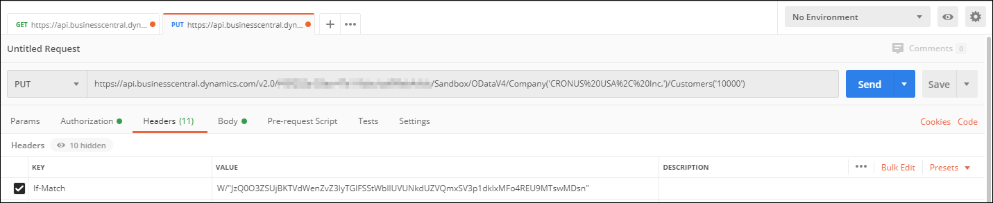 Screenshot dell'intestazione If-Match con il valore della chiave etag.
