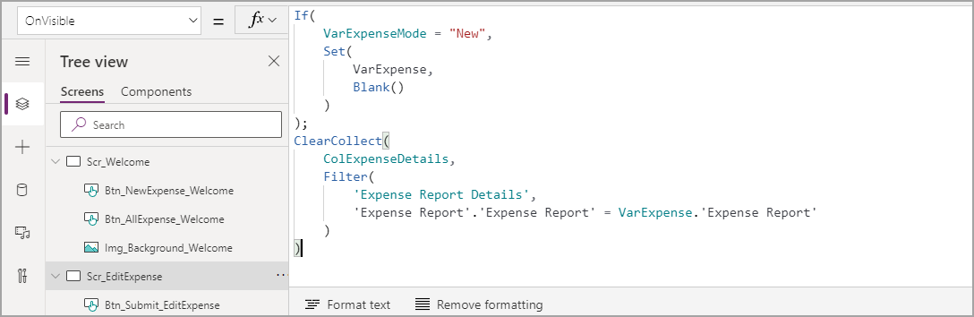 Screenshot del codice OnVisible in Power Apps, che esamina il valore della variabile VarExpense.
