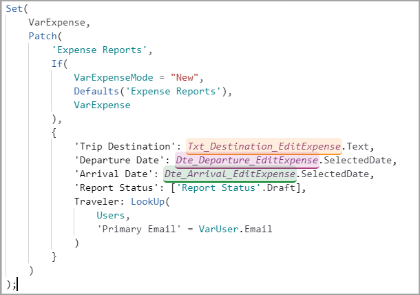 Screenshot di Power Apps che mostra la parte Set Patch della formula.