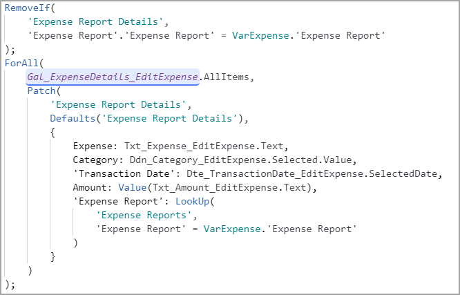 Screenshot di Power Apps che mostra le parti Remove If e For All della formula.