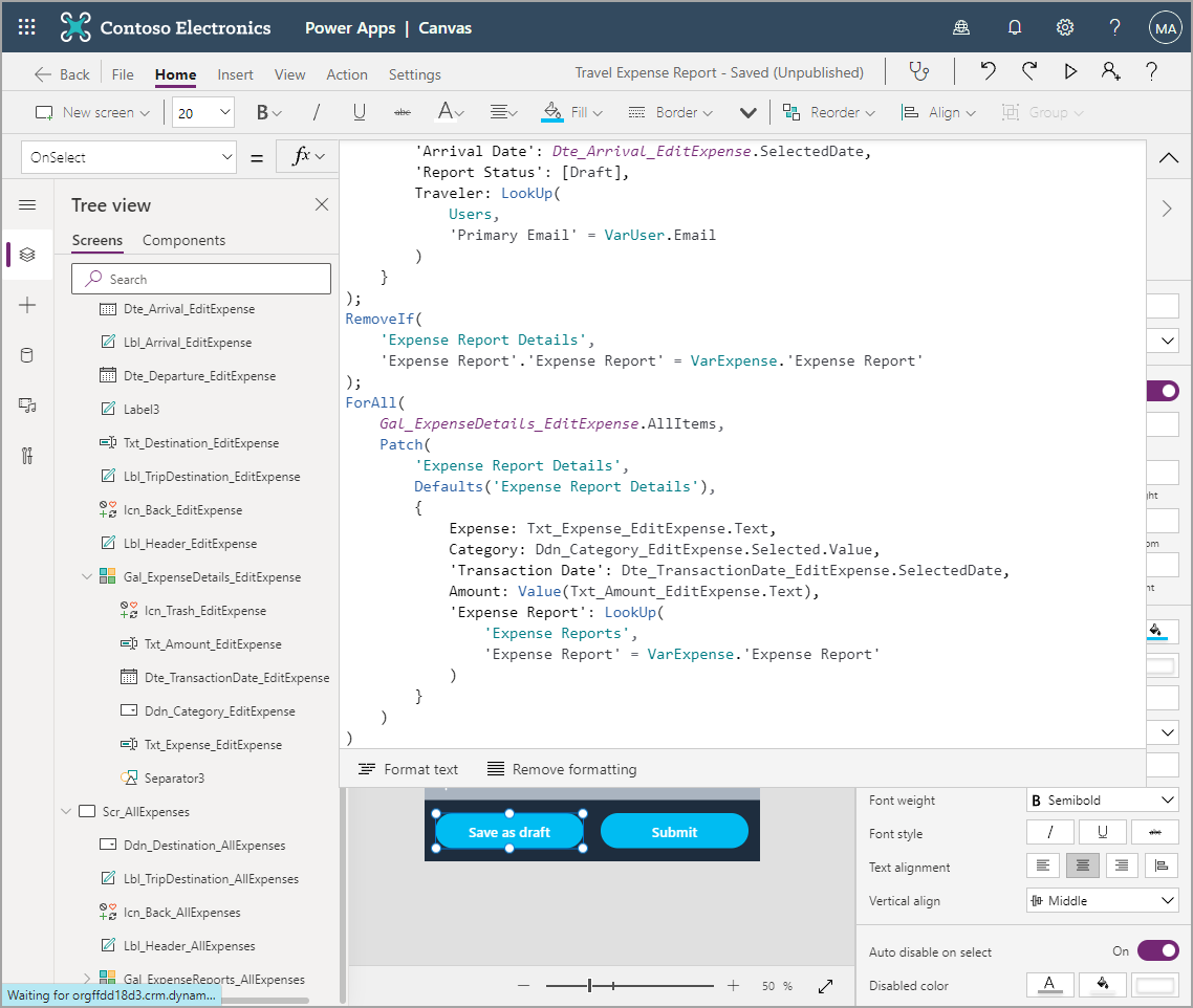 Screenshot di Power Apps che mostra la formula completa del pulsante Salva come bozza.
