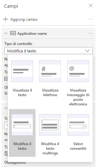 Screenshot della modifica del tipo di controllo nel menu a discesa.