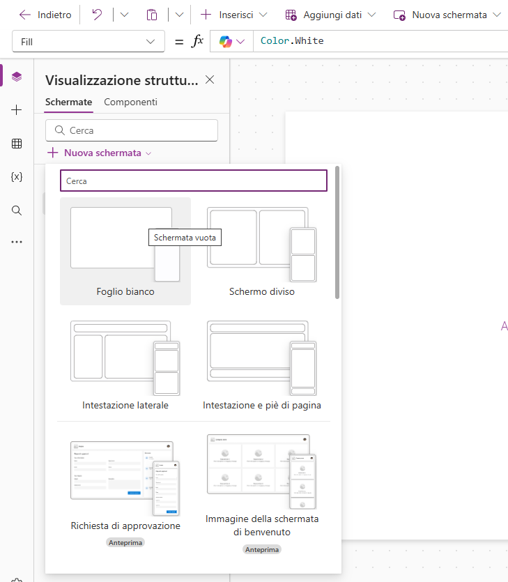 Screenshot che mostra la posizione del pulsante Nuova schermata.