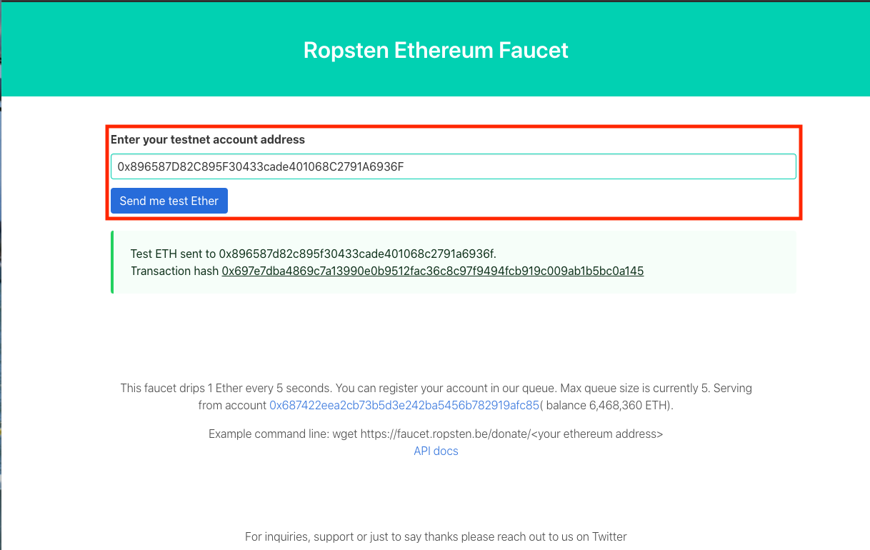 Screenshot showing how to request test ether on the Ropsten faucet.