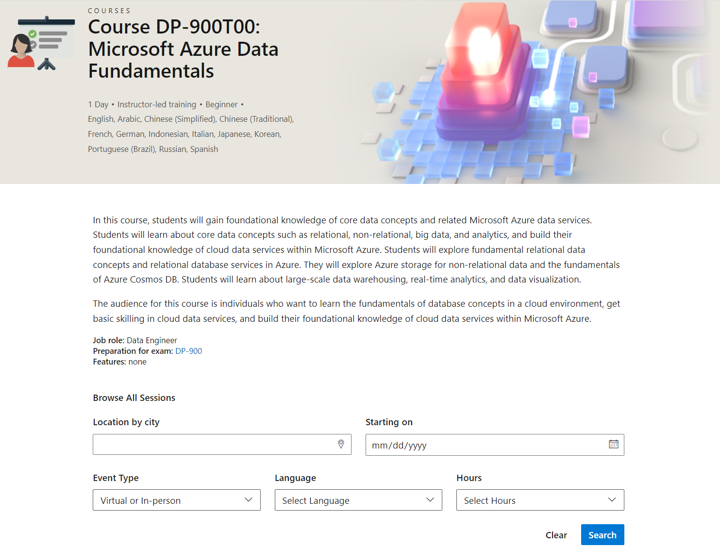 screenshot della pagina dei dettagli dei dati di Microsoft Azure (Course DP-900T00), con l'Utilità di pianificazione ILT visualizzata.