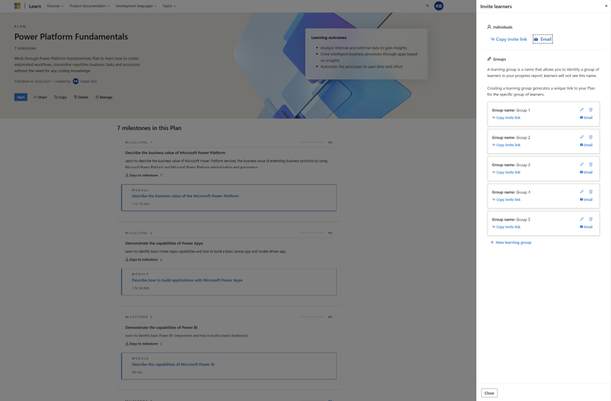 Screenshot dei gruppi di apprendimento visualizzati nel riquadro 