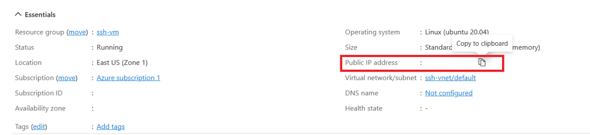 Screenshot che illustra come copiare l'indirizzo IP pubblico della macchina virtuale appena creata.