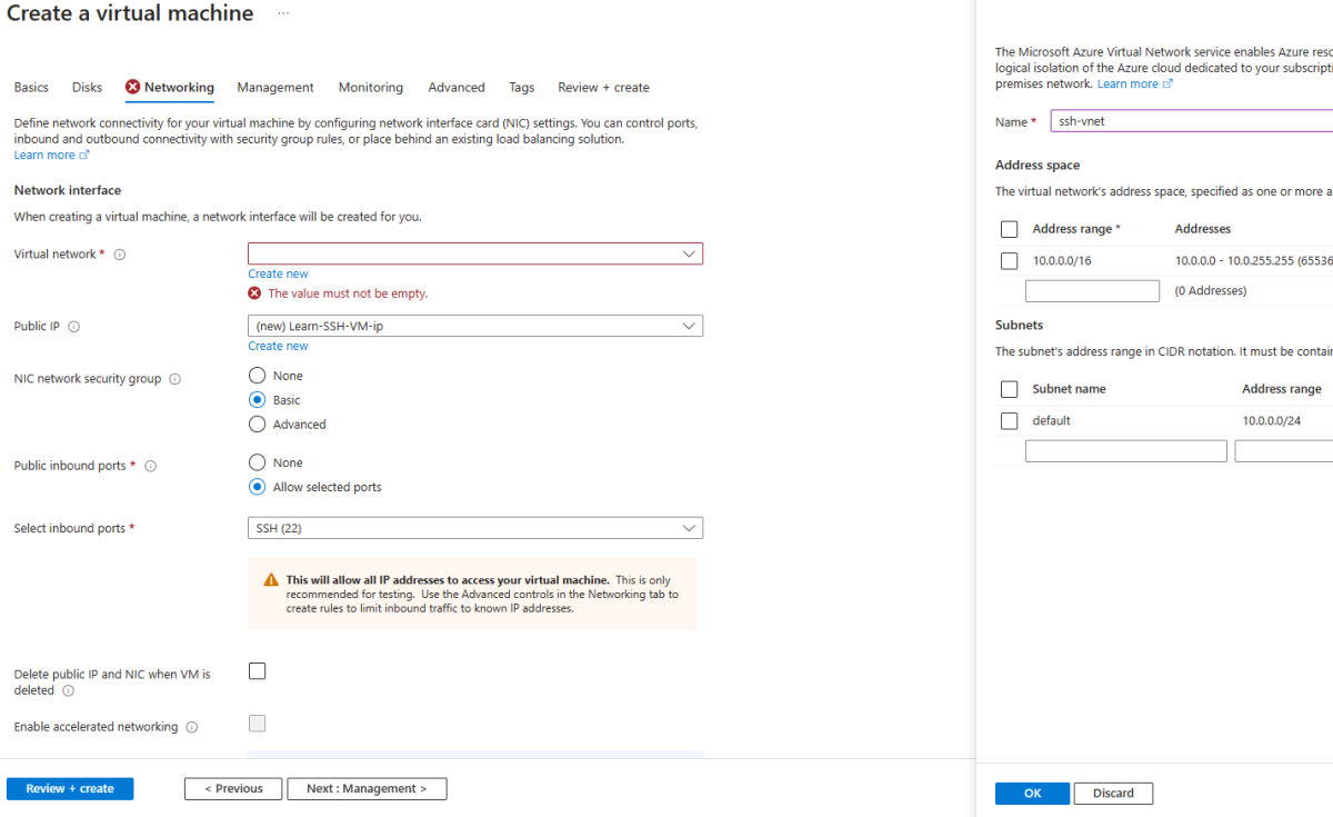 Screenshot che mostra il passaggio di convalida per creare una nuova rete virtuale per la macchina virtuale.