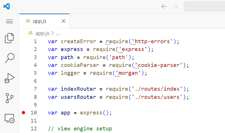Screenshot che mostra un punto di interruzione impostato alla riga 10 del file app.js.