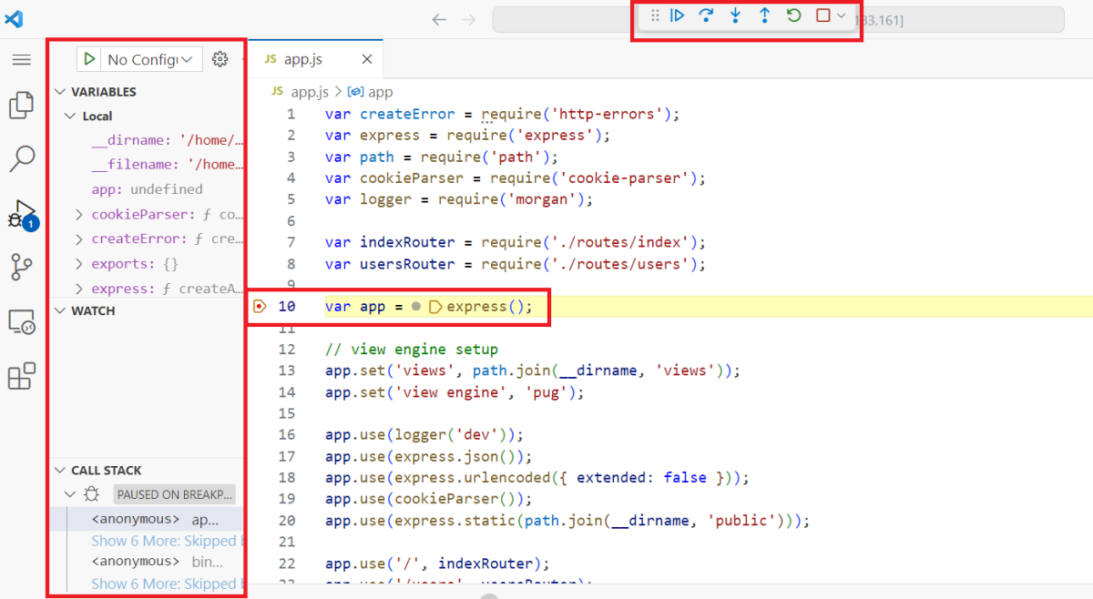 Screenshot che evidenzia parti diverse dell'esperienza di debug.