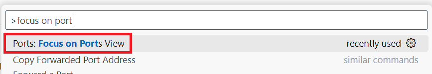 Screenshot che mostra il comando Focus on Ports View nella Palette dei Comandi.