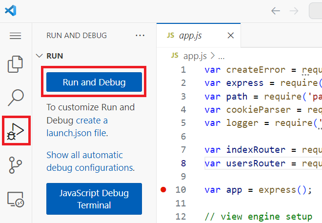 Screenshot che mostra l'azione Esegui con debug nella visualizzazione Esegui con debug.