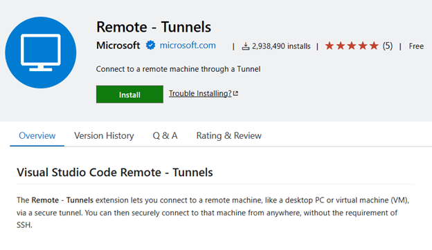 Screenshot che mostra l'estensione Remote - Tunnels di VS Code.