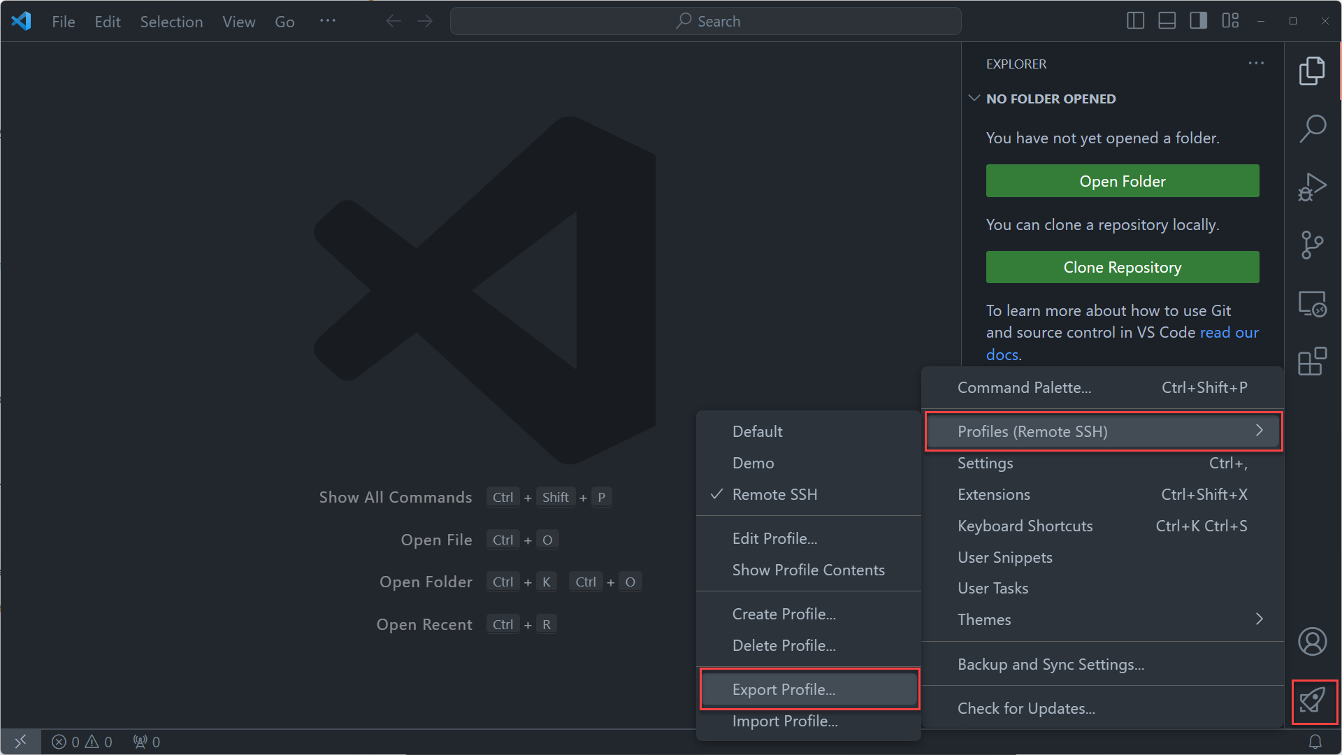 Screenshot del comando di menu Esporta profilo in Visual Studio Code.