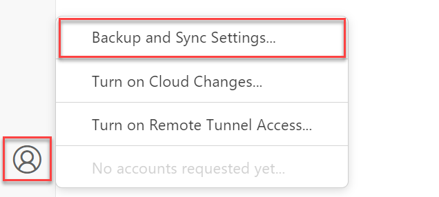 Screenshot del comando di menu Backup e sincronizzazione delle impostazioni in Visual Studio Code.