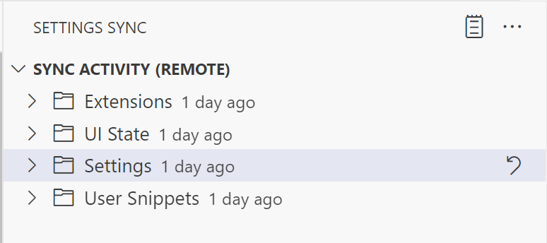 Screenshot della visualizzazione dell'attività Sincronizzazione impostazioni in Visual Studio Code.