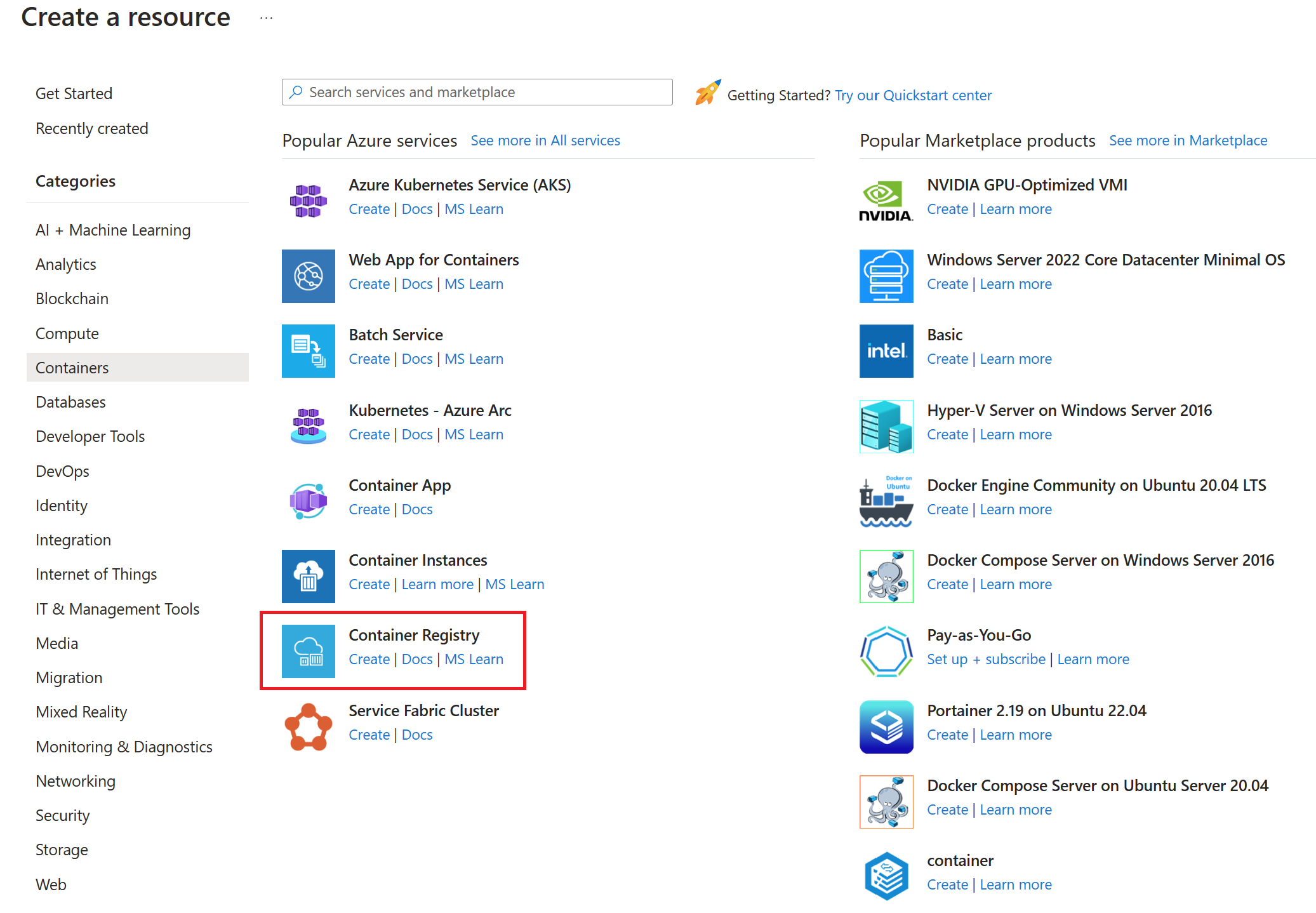 Screenshot che mostra il registro dei contenitori in Azure Marketplace.
