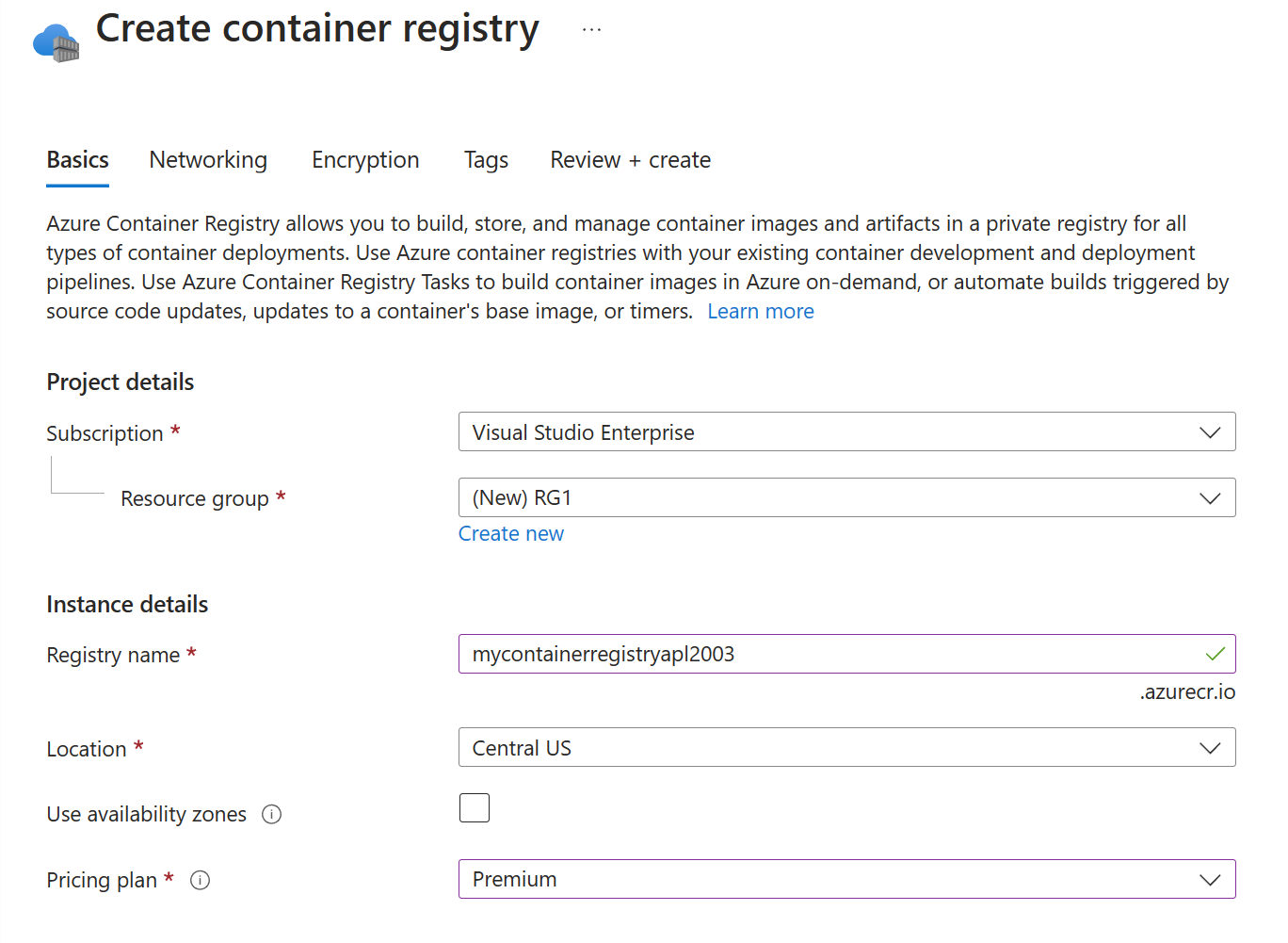 Screenshot che mostra le opzioni della scheda Informazioni di base usate per creare un'istanza del Registro Container.