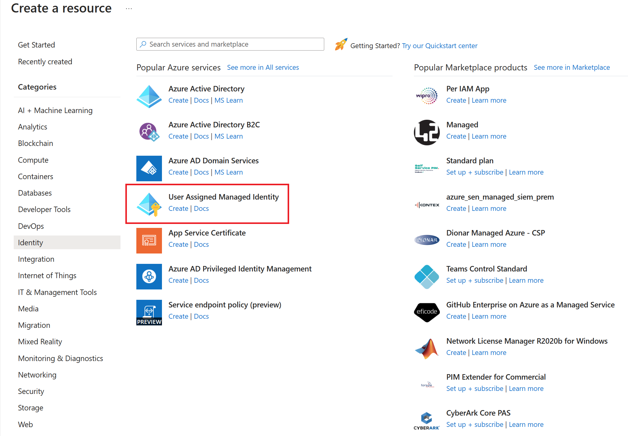 Screenshot che mostra il servizio Identità gestita assegnata dall'utente in Azure Marketplace.