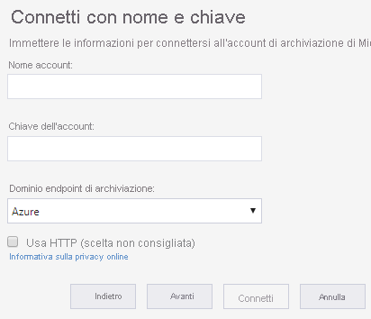 Screenshot della procedura guidata di Azure Storage Explorer per connettersi a un account di archiviazione esterno.