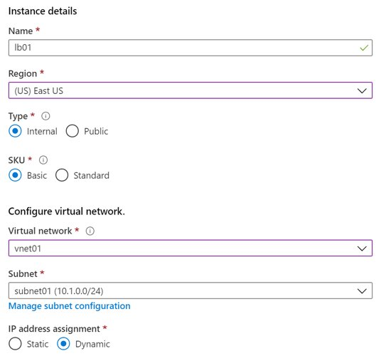 Screenshot that shows how to create an Azure load balancer in the Azure portal.